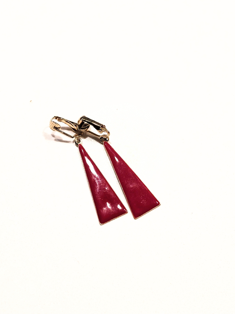 Vintage Gold Clip-On Burgundy Triangle Drop Earrings